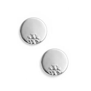 NEW Tory Burch Serif Stripe Disc Stud Earrings Silver Double T Logo